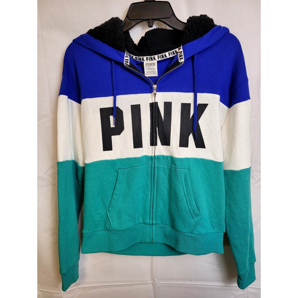 Victoria Secret PINK Full Zip Sweater - Blue/White/Green/Black - Size XS